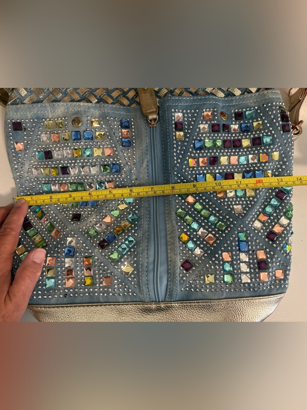 Purse / Backpack Bag Light Blue Denim Gold Rhinestones Pockets Adjustable Straps - Picture 13 of 16